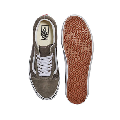 Top and bottom of brown vans shoes.