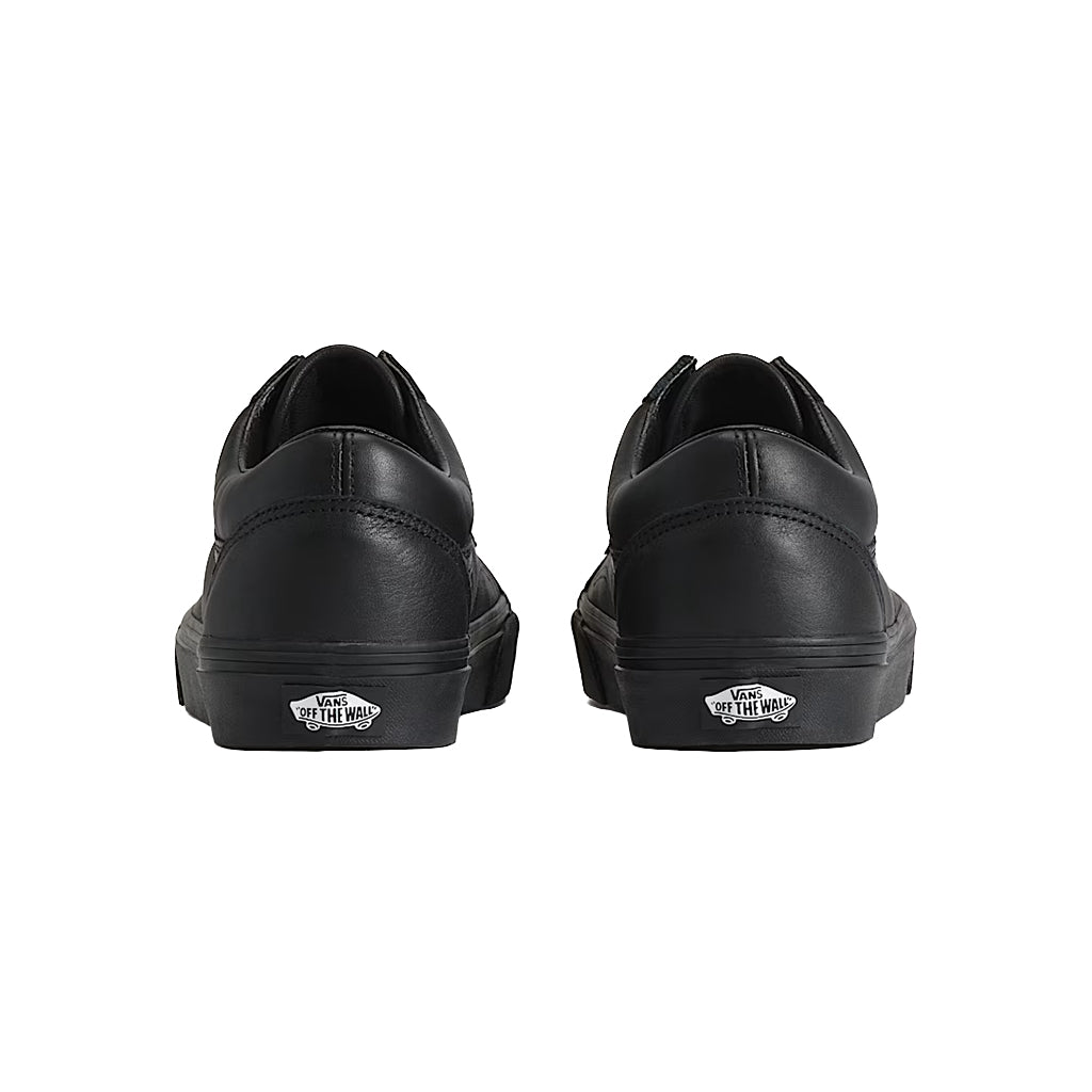 Back of Black leather Vans Old Skool on a white background 