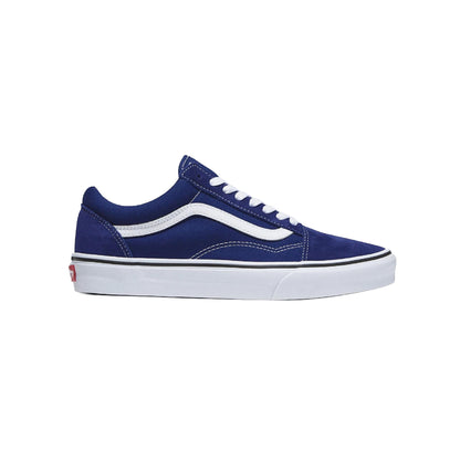 Blue sneaker with white accents on a white background