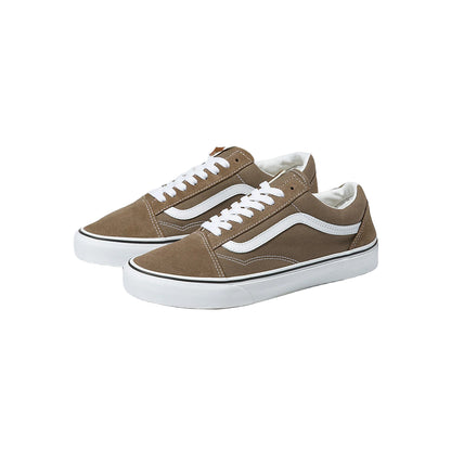 Pair of brown sneakers with white soles on a light gray background
