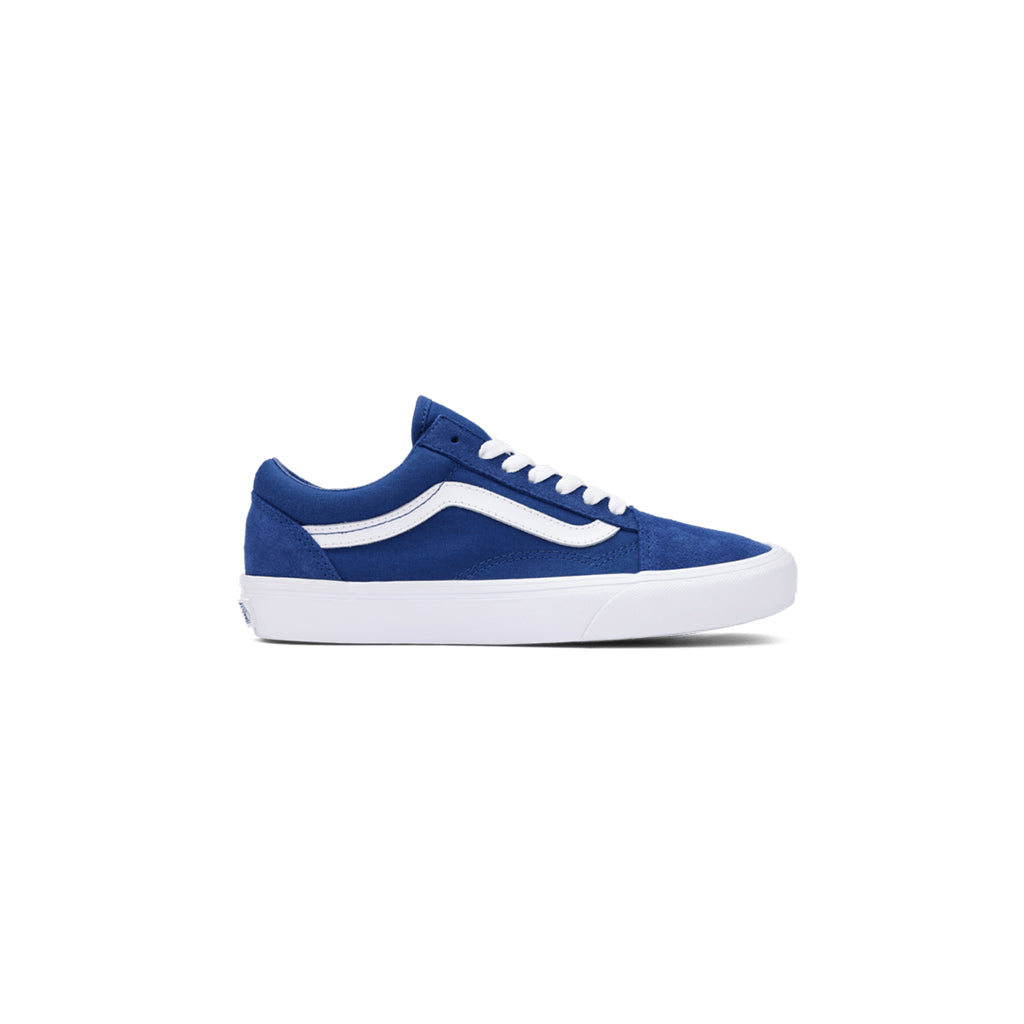 Blue sneaker with white accents on a white background