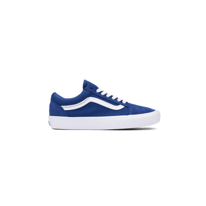 Blue sneaker with white accents on a white background