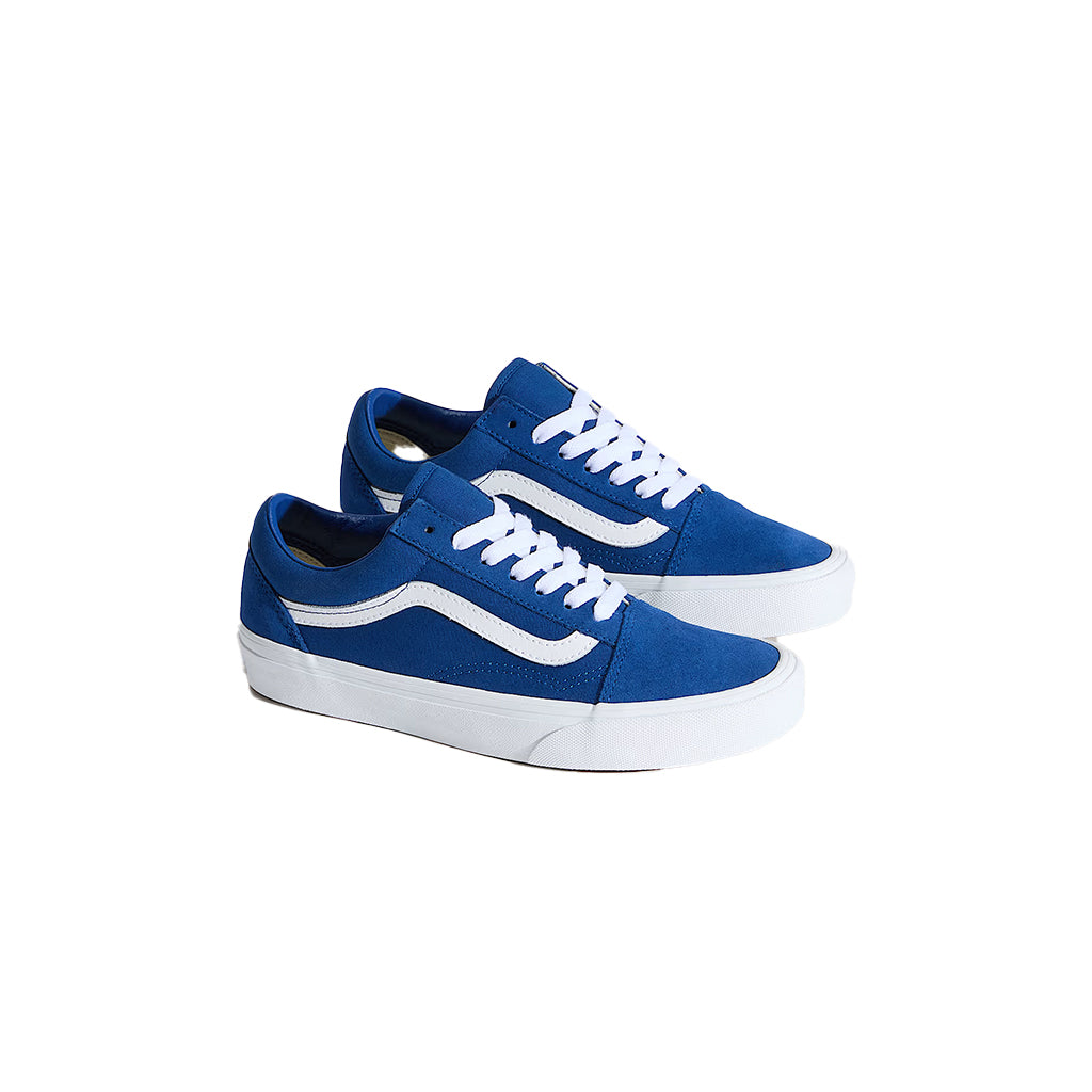 Pair of blue sneakers with white accents on a white background
