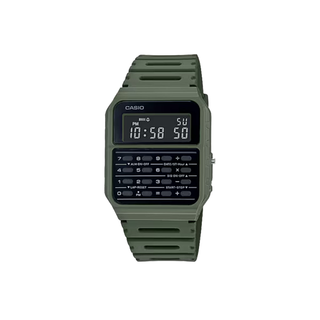 Olive green casio calculator watch on a white background