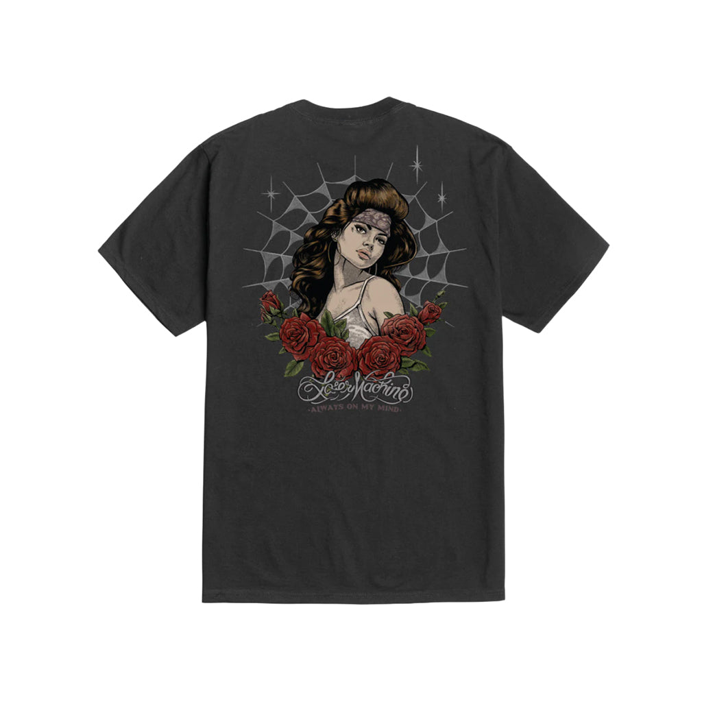 Black t-shirt with a graphic design of a woman's face surrounded by roses on a white background