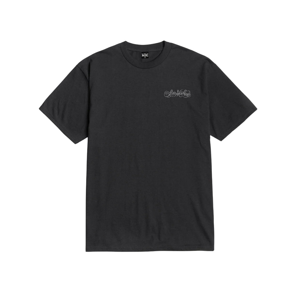 Black t-shirt with a small logo on a white background
