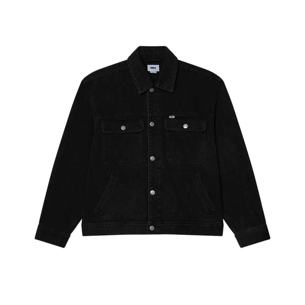 Faded black denim trucker jacket on a white background