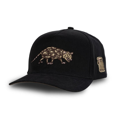 Black cap with gold Opossum design on a white background