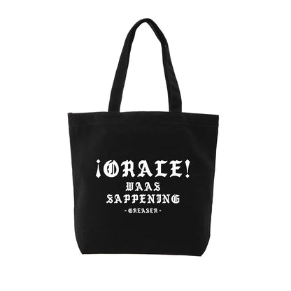 Black tote bag with white text on a white background