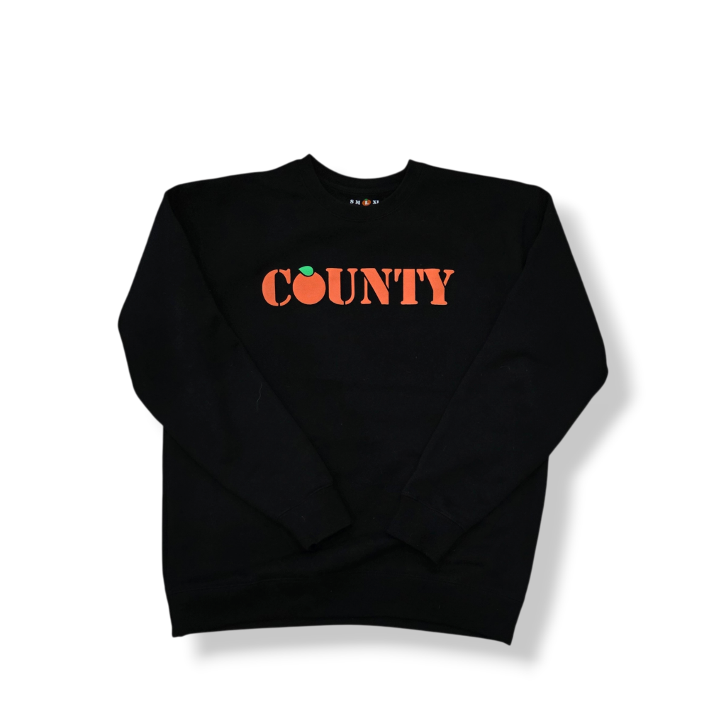 Black sweatshirt with orange text on a white background