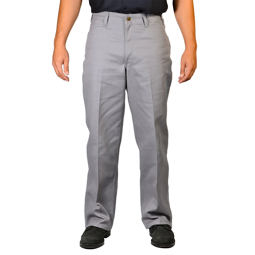Gray pants worn by a person on a white background