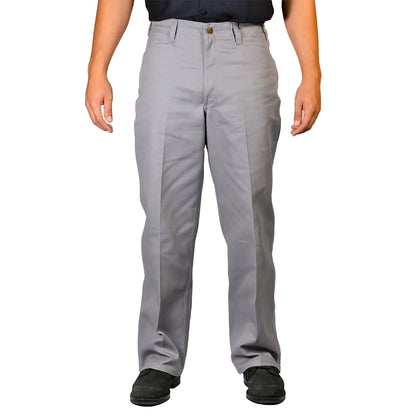 Gray pants worn by a person on a white background