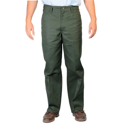 A person standing, wearing olive green Original Ben's Pants and brown shoes.