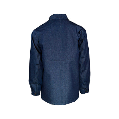 Blue denim jacket on a white background