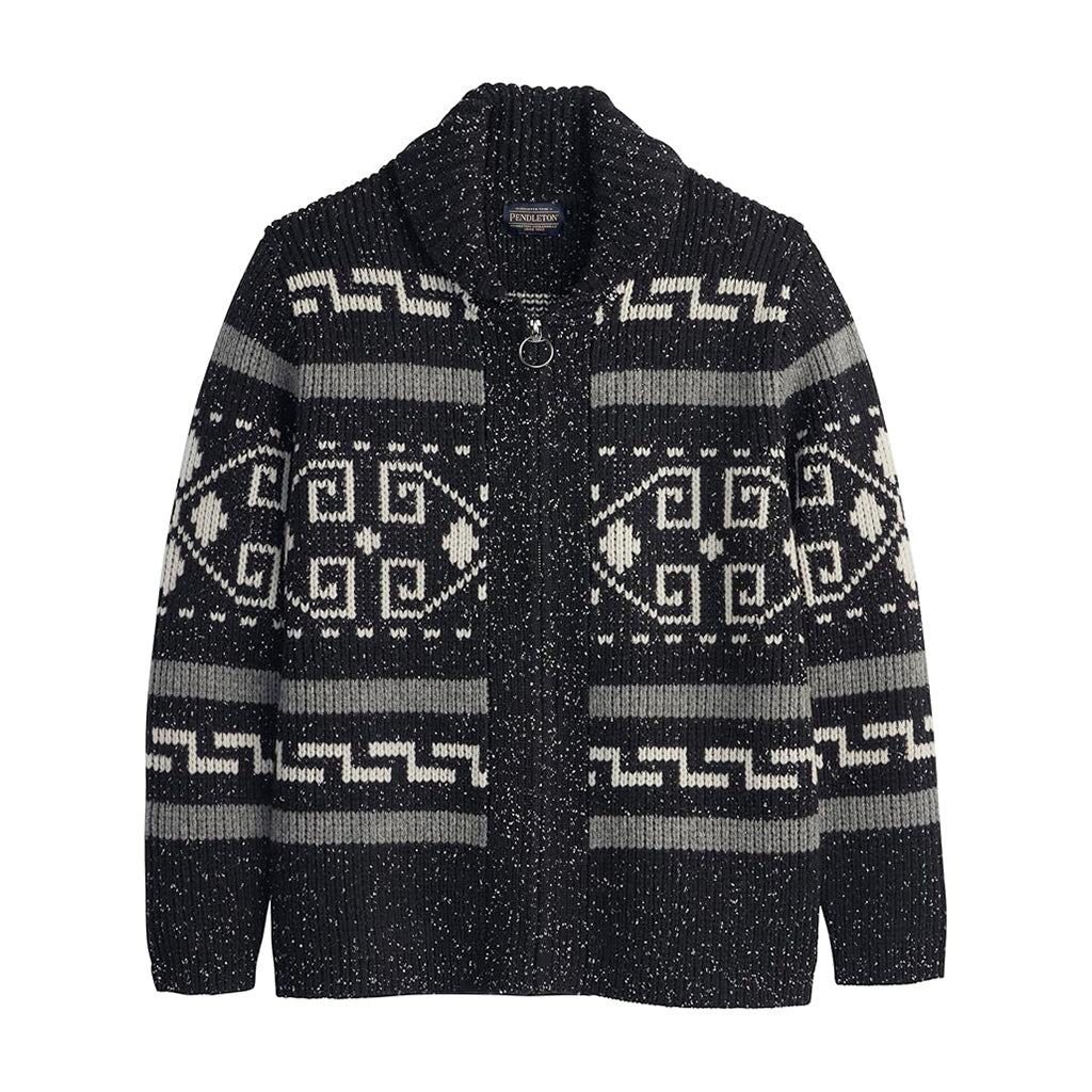 Black and gray patterned cardigan on a white background