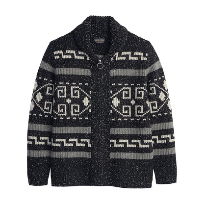 Black and gray patterned cardigan on a white background