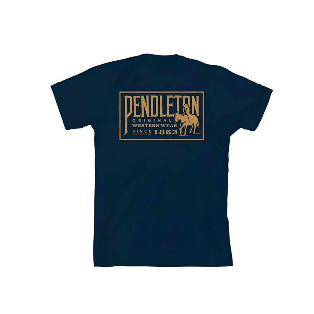 Navy blue t-shirt with Pendleton logo on the back against a white background
