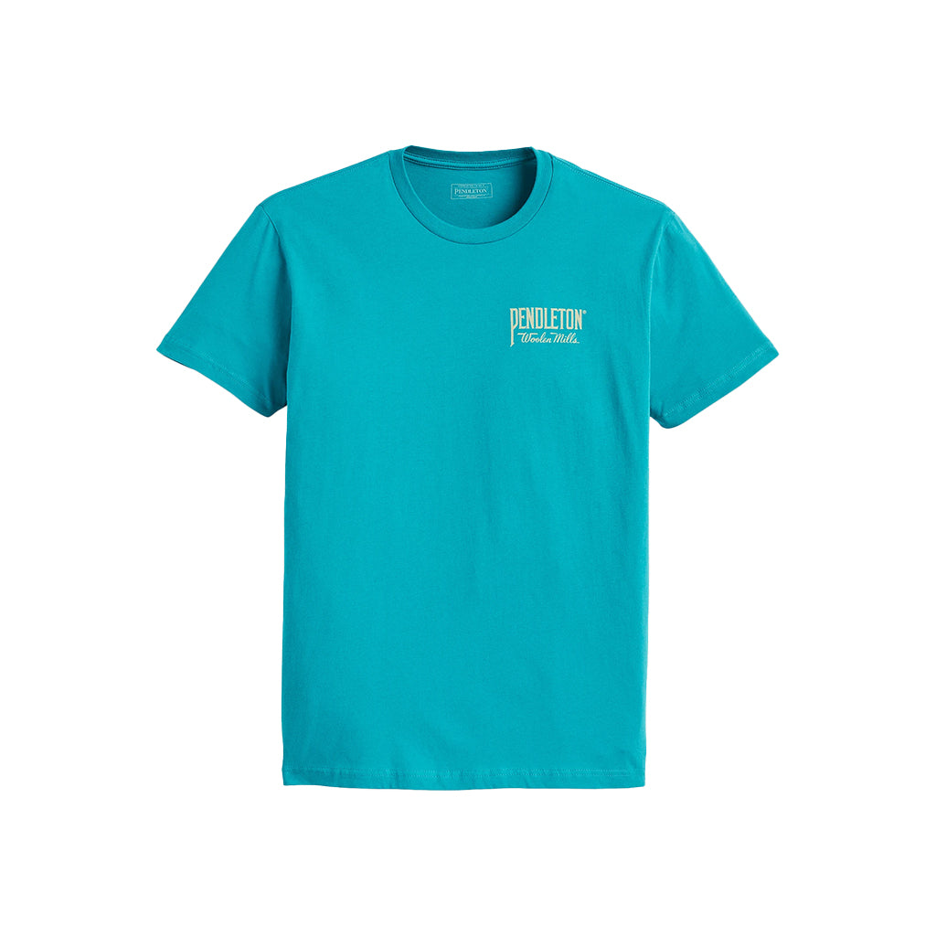 Turquoise t-shirt with a brand logo on a white background