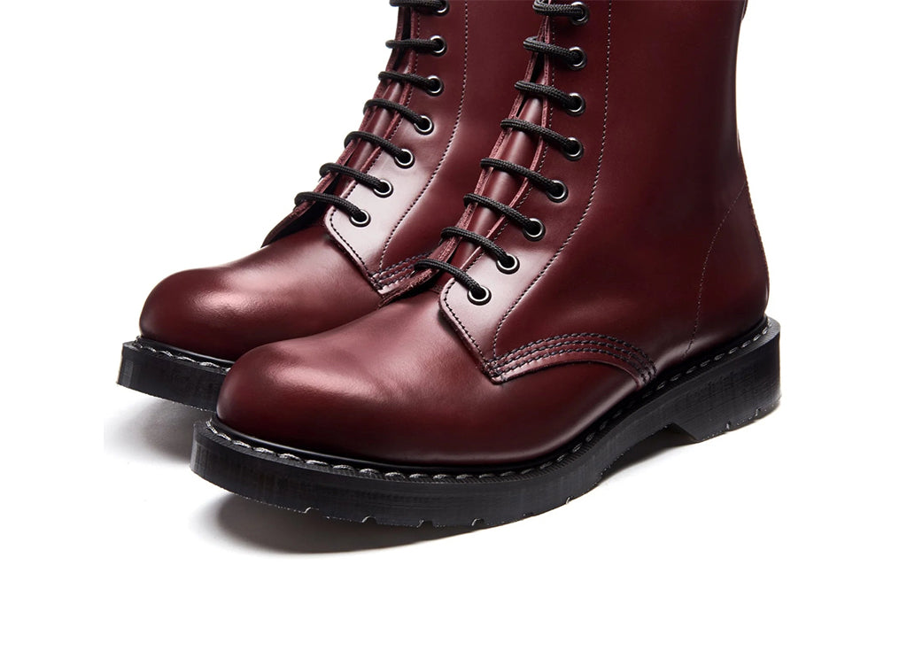 close up of Oxblood Hi-Shine 8 Eye Derby Boot on a white background