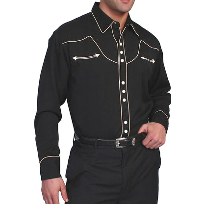 Man wearing a black western-style shirt with white stitching on a white background