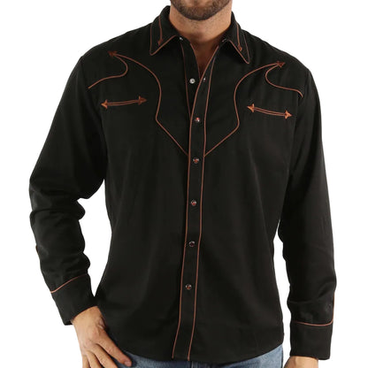Man wearing a black western-style shirt with red stitching on a white background