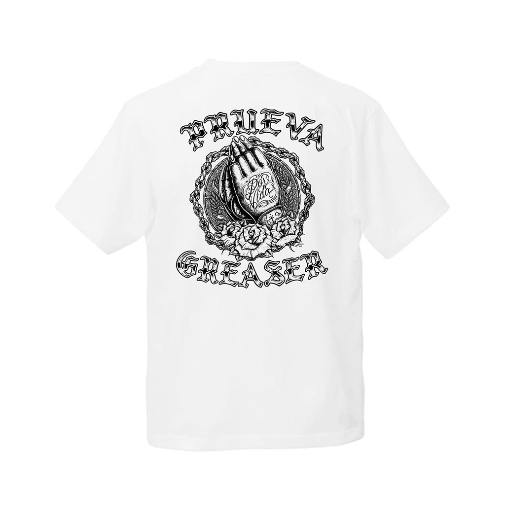 White t-shirt with black graphic design and text on a white background