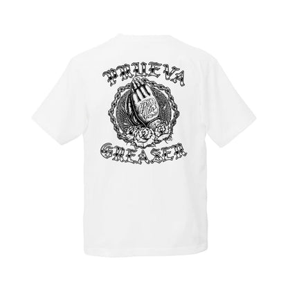 White t-shirt with black graphic design and text on a white background