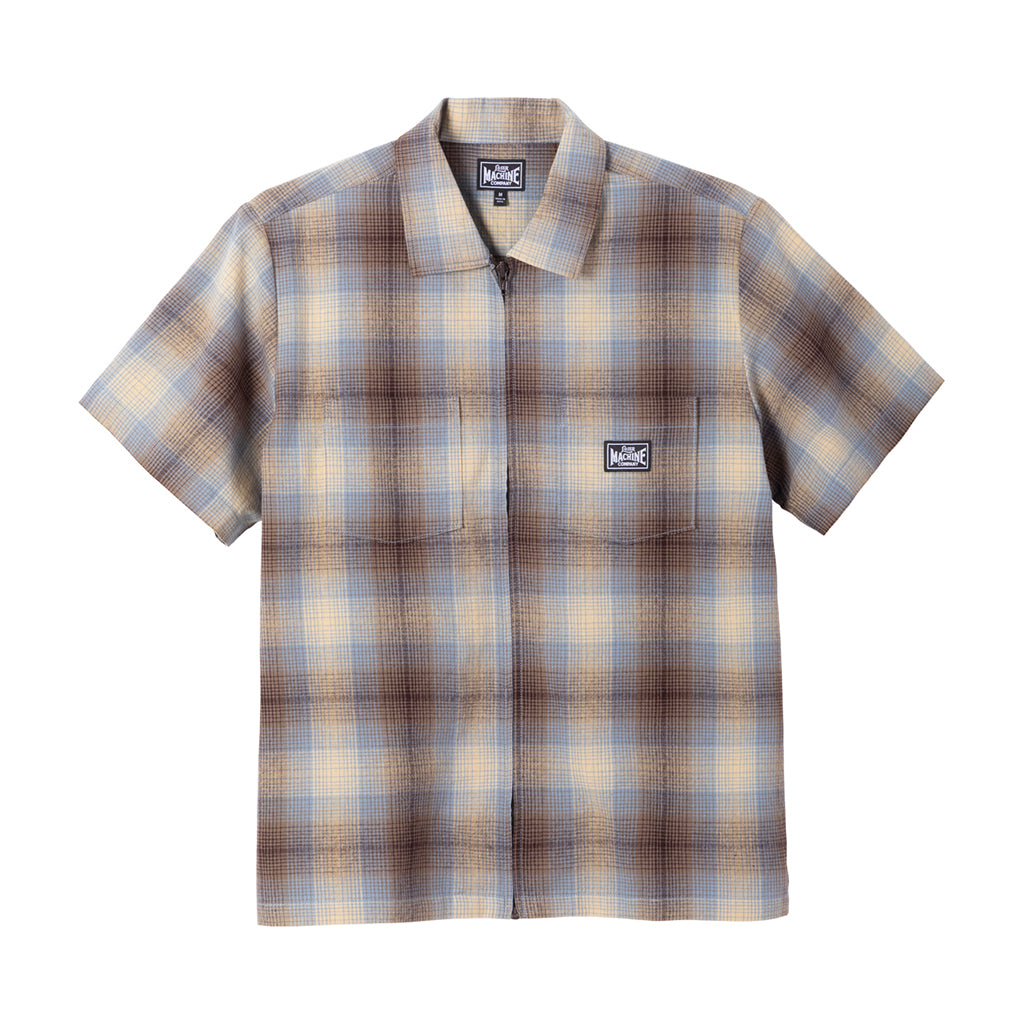 Plaid short-sleeve shirt with a brand logo on a white background