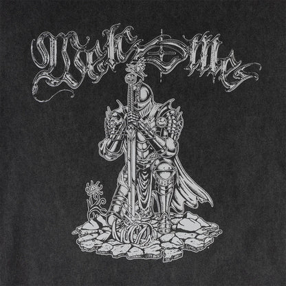 Black and white illustration of a warrior figure with ornate text on a black background