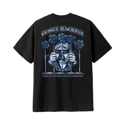 Black t-shirt with graphic design and text on a white background
