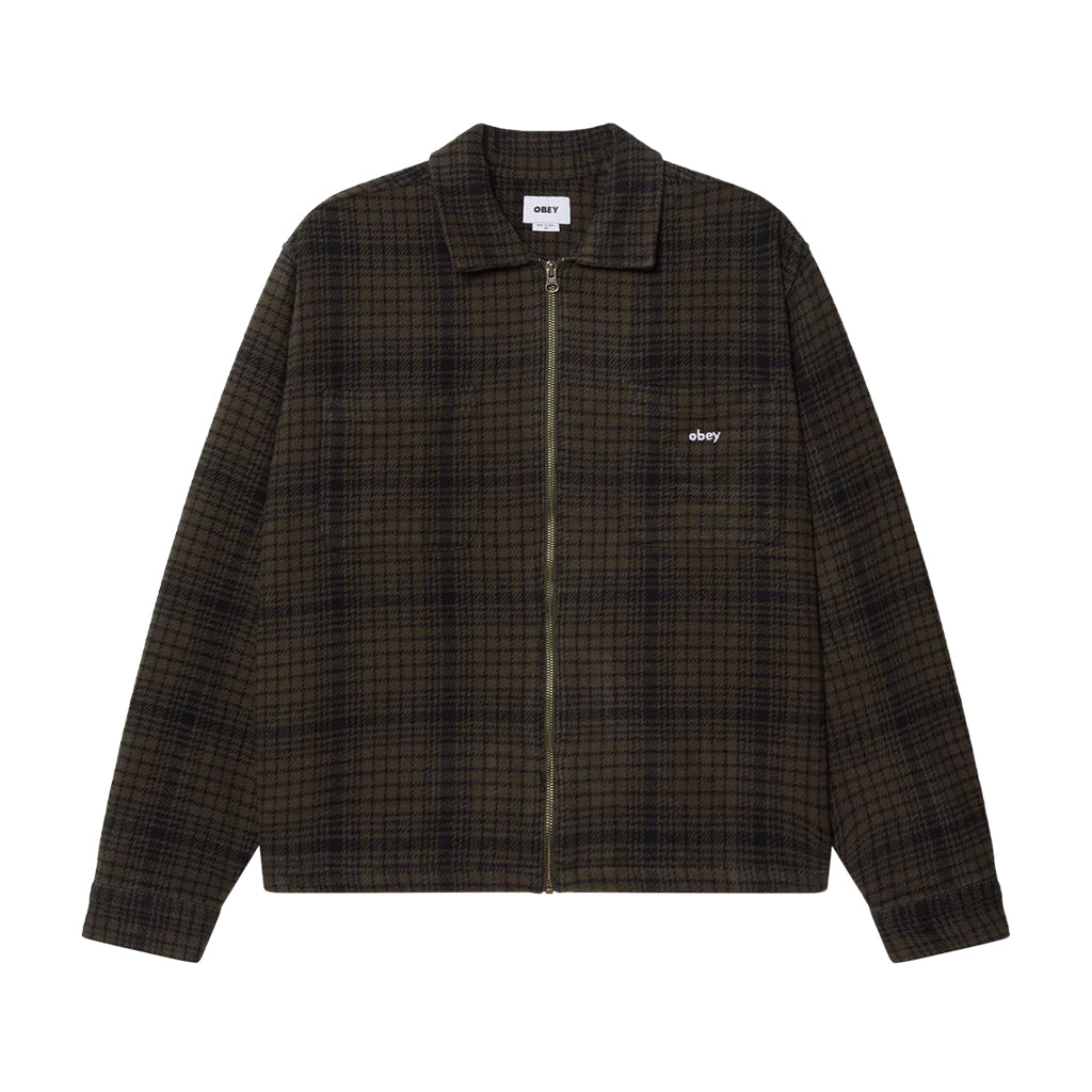 Plaid jacket with 'obey' logo on a white background