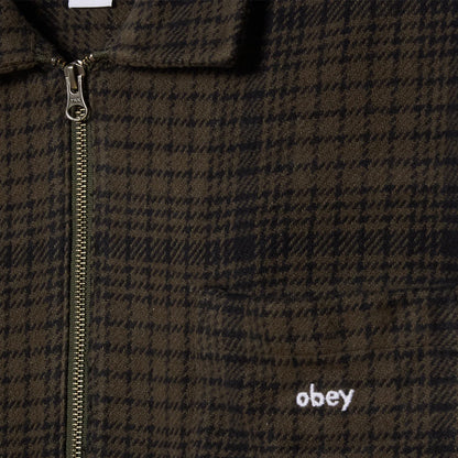 Brown plaid jacket with a zipper and 'obey' logo on a dark background