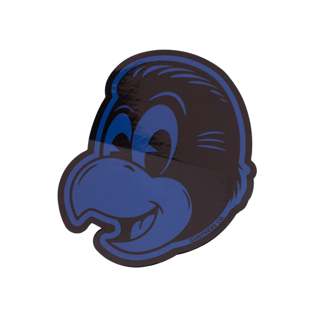 Blue sticker of a parrot character on a white background