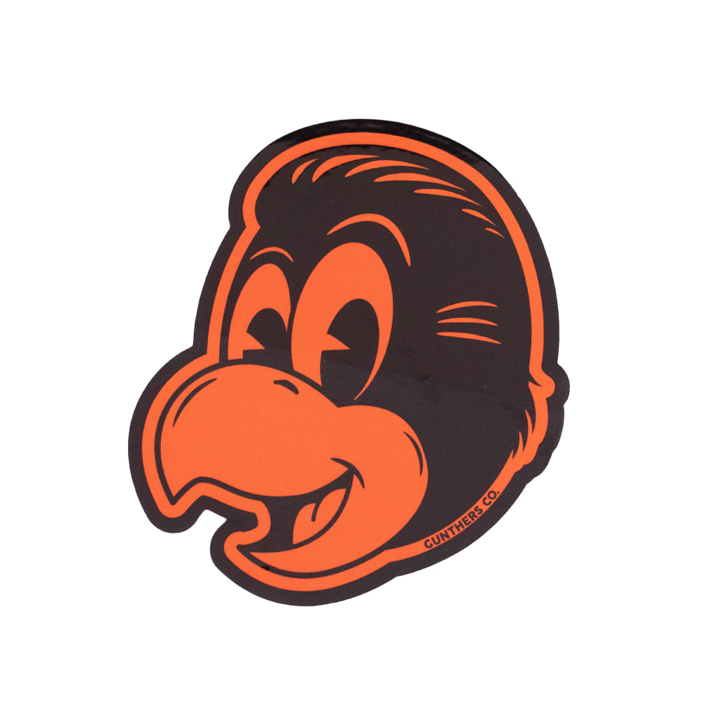 Orange sticker of a parrot character on a white background