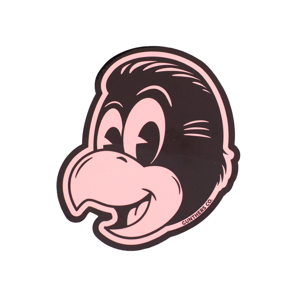 Pink sticker of a parrot character on a white background