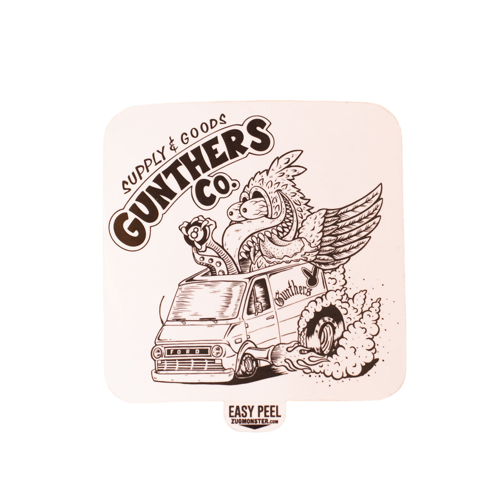 sticker with a graphic design of a van and dragon, featuring 'Gunthers Supply & Goods Co.' text.