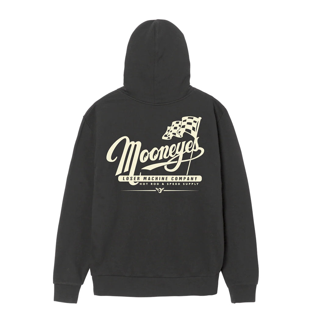 Black hoodie with 'Mooneyes' logo on the back against a white background