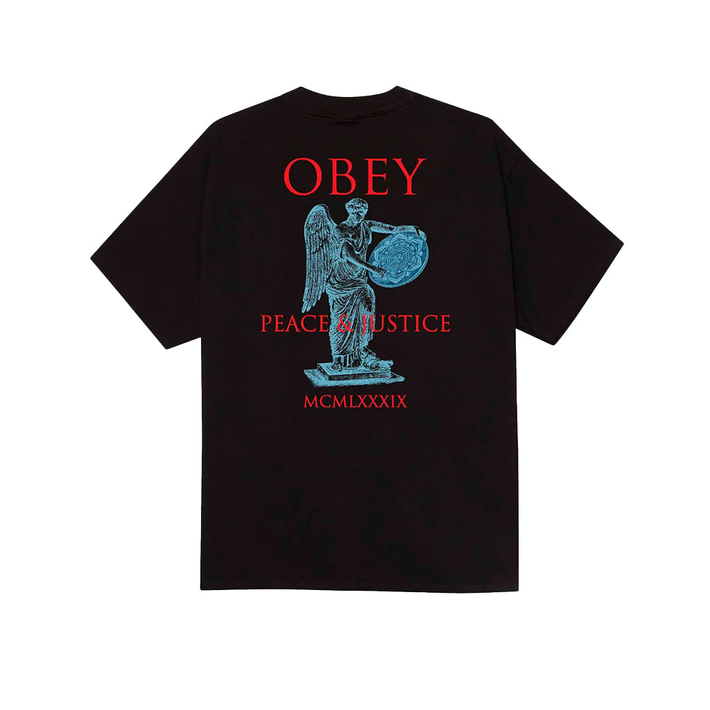 Black t-shirt with 'OBEY' and angel graphic on a white background