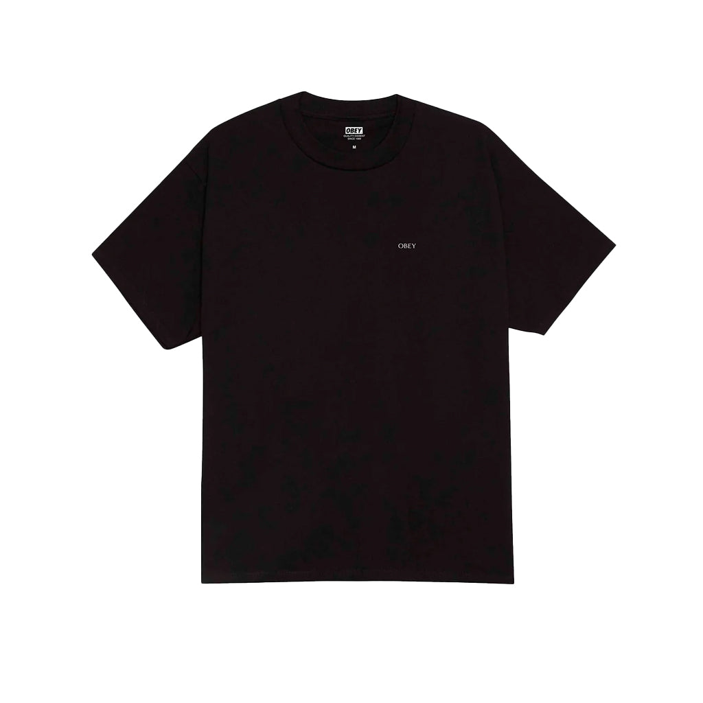 Black t-shirt with a small logo on a white background