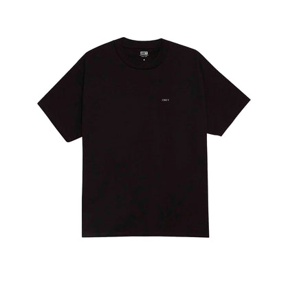 Black t-shirt with a small logo on a white background