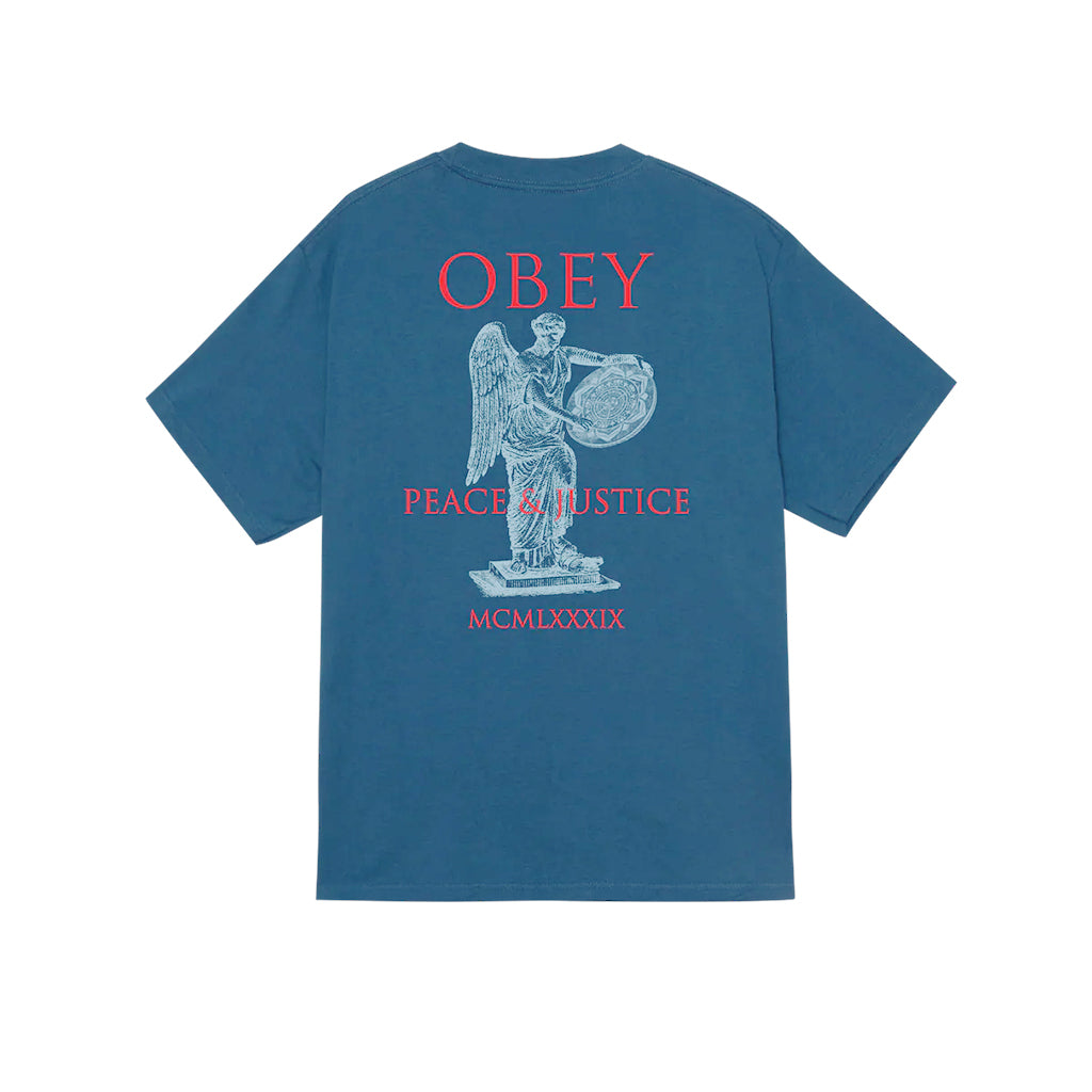 Blue t-shirt with 'OBEY' and angel graphic on a white background