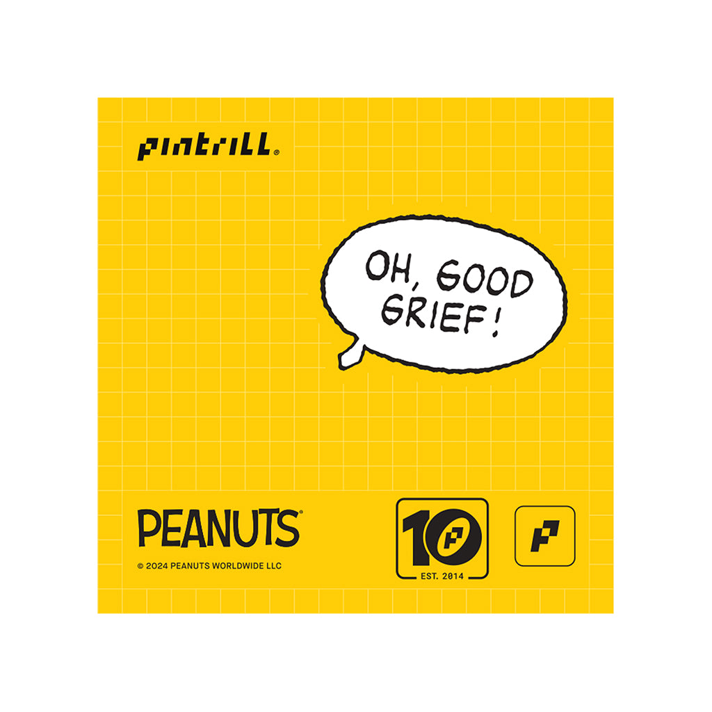 Yellow grid background with a speech bubble saying 'Oh, Good Grief!' and various logos including Peanuts and Pintrill.