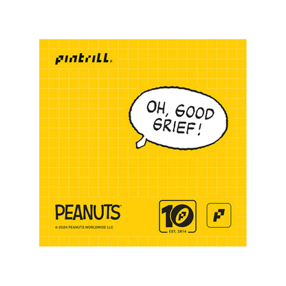 Yellow grid background with a speech bubble saying 'Oh, Good Grief!' and various logos including Peanuts and Pintrill.
