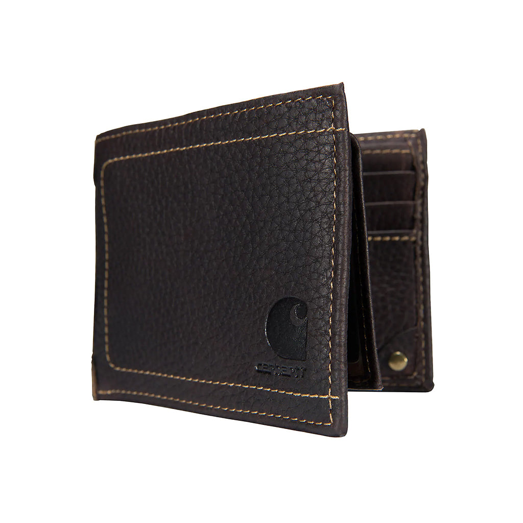 Brown leather wallet with Carhartt logo on a white background