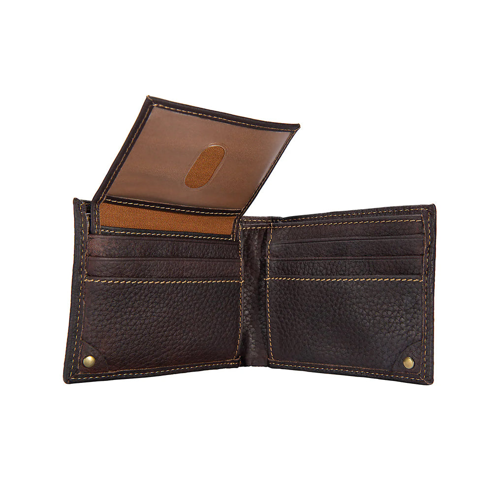 Brown leather wallet open on a white background