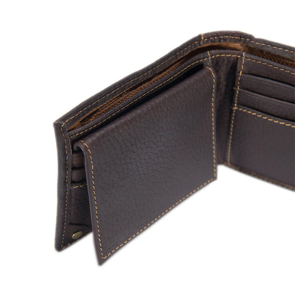 Brown leather wallet open on a white background