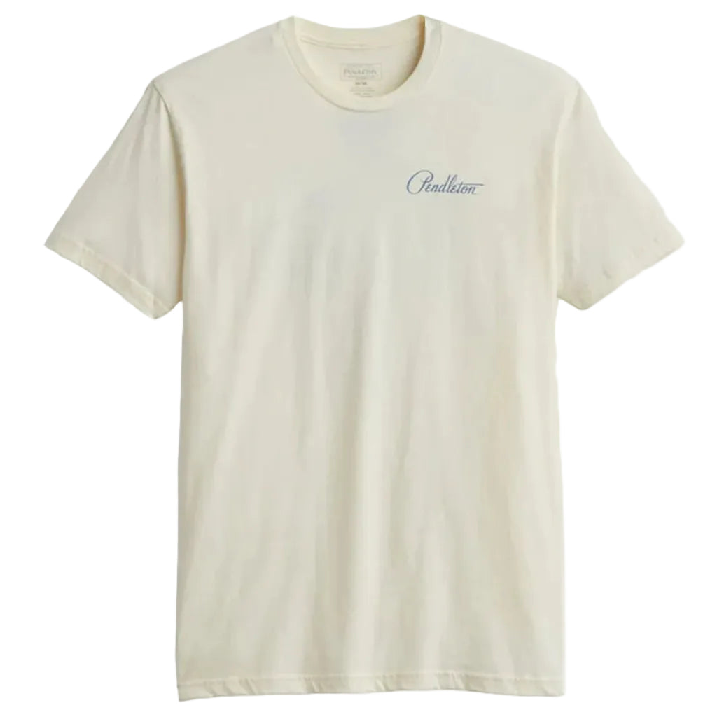 An off-white crewneck t-shirt with a small blue cursive 'Pendleton' logo printed on the left chest, displayed flat against a white background.