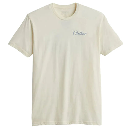An off-white crewneck t-shirt with a small blue cursive 'Pendleton' logo printed on the left chest, displayed flat against a white background.