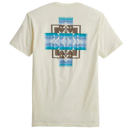 An off-white short-sleeve t-shirt showing the back, which features a large geometric Southwestern-style print in blue, brown, and white.