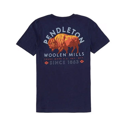 Navy Pendleton bison graphic tee with small logo on the left side of chest and a large bison graphic with verbiage on the back.